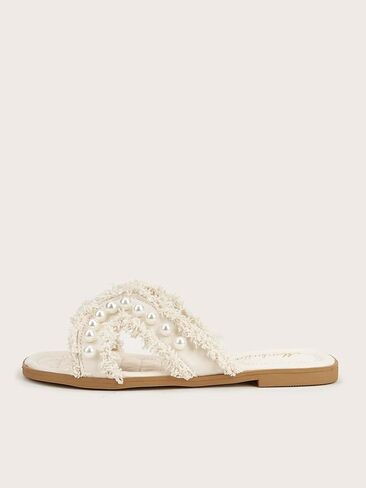 OYOANGLE Women's Pearl Decor Cross Straps Open Toe Flat Sandals Elegant Lightweight Slip on Dressy Sandals in Saudi Arabia