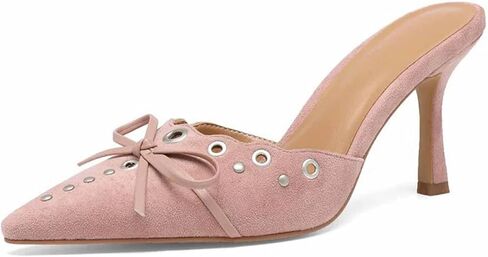 حذاء نسائي سهل الارتداء بكعب قطة صنادل مدببة مرصعة بفيونكة من جلد الغزال للنساء فستان رقص للسيدات in Kuwait