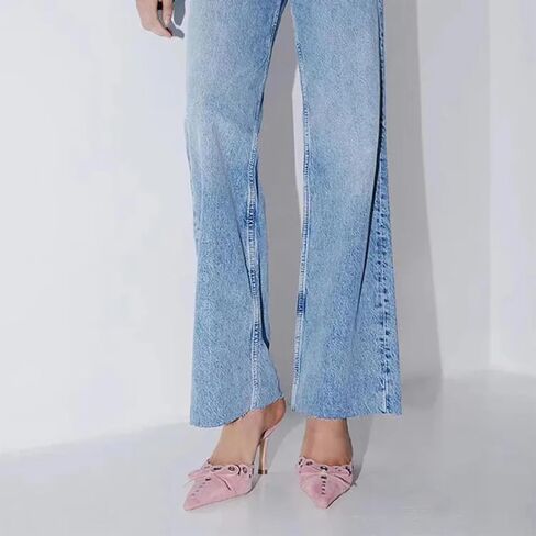 حذاء نسائي سهل الارتداء بكعب قطة صنادل مدببة مرصعة بفيونكة من جلد الغزال للنساء فستان رقص للسيدات in Kuwait