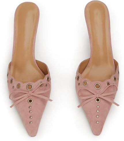 حذاء نسائي سهل الارتداء بكعب قطة صنادل مدببة مرصعة بفيونكة من جلد الغزال للنساء فستان رقص للسيدات in Kuwait