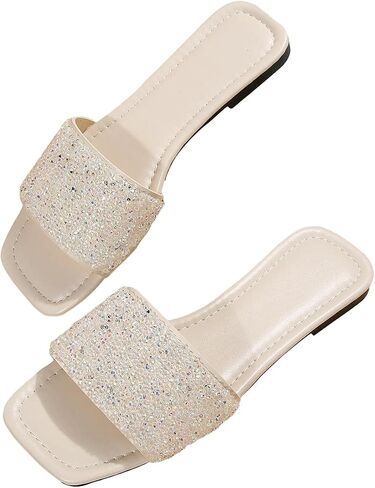 Verdusa Women's Square Open Toe Slides Glitter Rhinestone Slip On Flat Sandals in Saudi Arabia
