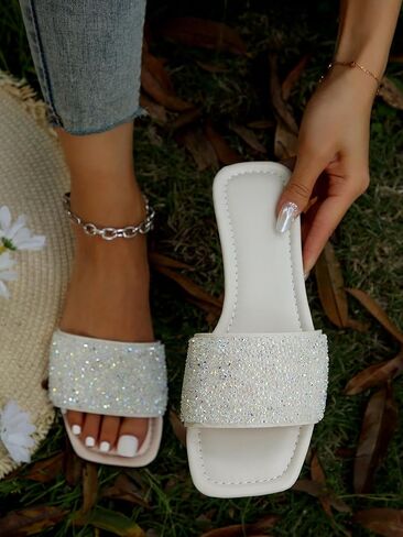 Verdusa Women's Square Open Toe Slides Glitter Rhinestone Slip On Flat Sandals in Saudi Arabia