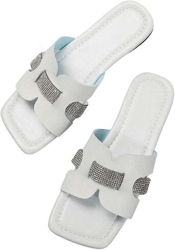 GORGLITTER Women's Rhinestone H Band Flat Sandals Sparkly Glitter Open Toe Slide Sandals in Saudi Arabia