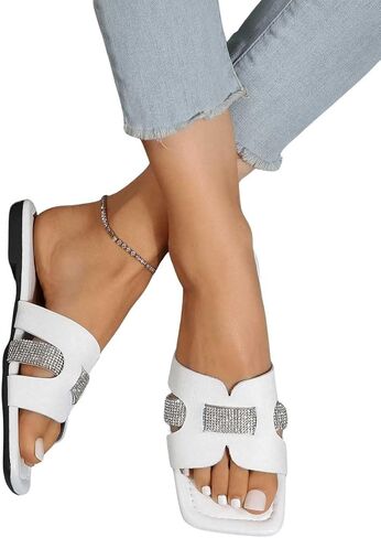 GORGLITTER Women's Rhinestone H Band Flat Sandals Sparkly Glitter Open Toe Slide Sandals in Saudi Arabia