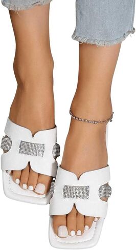 GORGLITTER Women's Rhinestone H Band Flat Sandals Sparkly Glitter Open Toe Slide Sandals in Saudi Arabia