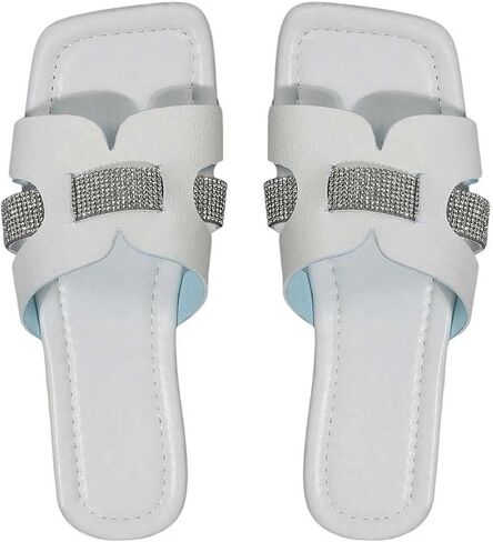 GORGLITTER Women's Rhinestone H Band Flat Sandals Sparkly Glitter Open Toe Slide Sandals in Saudi Arabia