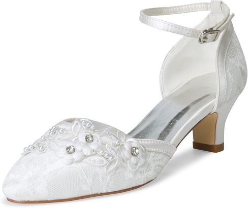 JIAJIA 009611 Women's Bridal Shoes Closed Toe 1.9'' Block Mid Heel Lace Satin Pumps Rhinestone Wedding Shoes in Saudi Arabia
