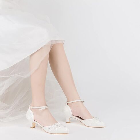 JIAJIA 009611 Women's Bridal Shoes Closed Toe 1.9'' Block Mid Heel Lace Satin Pumps Rhinestone Wedding Shoes in Saudi Arabia