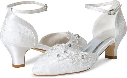JIAJIA 009611 Women's Bridal Shoes Closed Toe 1.9'' Block Mid Heel Lace Satin Pumps Rhinestone Wedding Shoes in Saudi Arabia