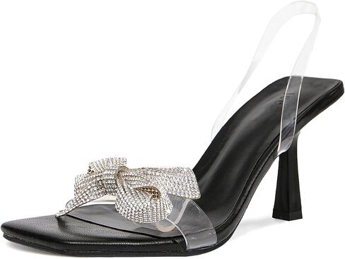 Square Toe Women's Kitten High Heels Sandals Diamond Bow Clear Slingback Stilettos Casual Dress Shoes in Saudi Arabia