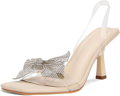 Square Toe Women's Kitten High Heels Sandals Diamond Bow Clear Slingback Stilettos Casual Dress Shoes in Saudi Arabia