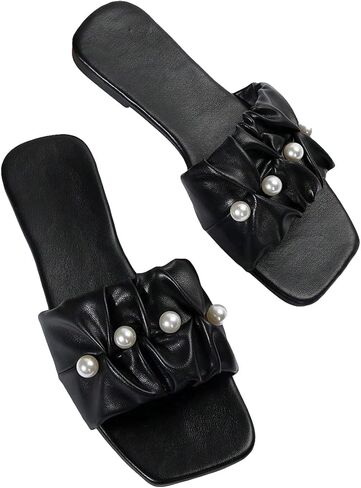 GORGLITTER Women's Ruffle Pearl Flat Sandals Open Toe Leather Slip On Summer Sandals in Saudi Arabia