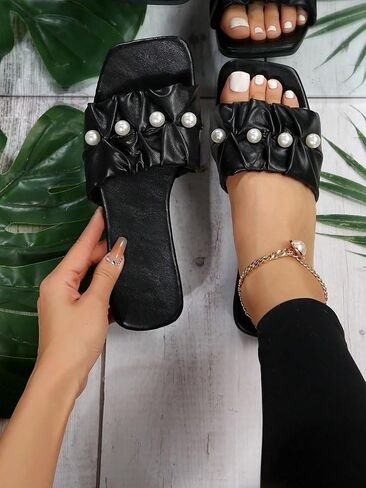 GORGLITTER Women's Ruffle Pearl Flat Sandals Open Toe Leather Slip On Summer Sandals in Saudi Arabia