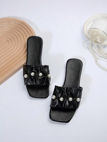 GORGLITTER Women's Ruffle Pearl Flat Sandals Open Toe Leather Slip On Summer Sandals in Saudi Arabia