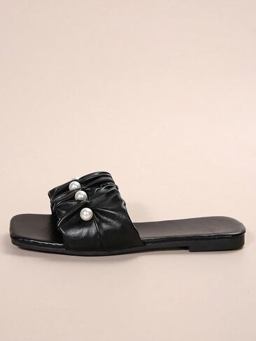 GORGLITTER Women's Ruffle Pearl Flat Sandals Open Toe Leather Slip On Summer Sandals in Saudi Arabia