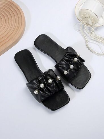GORGLITTER Women's Ruffle Pearl Flat Sandals Open Toe Leather Slip On Summer Sandals in Saudi Arabia