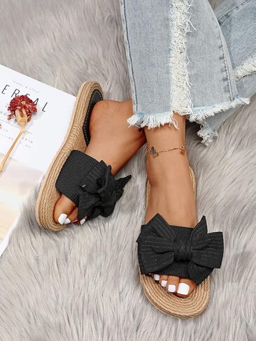 OYOANGLE Women's Bow Decor Single Band Slide Sandals Summer Beach Slip on Flat Sandals Indoor Outdoor Sandals in Saudi Arabia