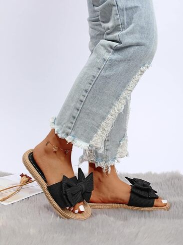 OYOANGLE Women's Bow Decor Single Band Slide Sandals Summer Beach Slip on Flat Sandals Indoor Outdoor Sandals in Saudi Arabia