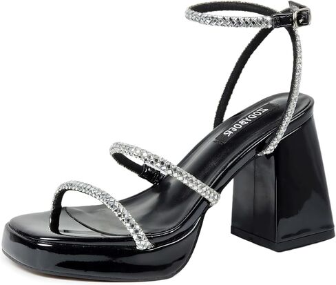 صنادل نسائية بكعب سميك، صنادل بكعب كتلة من حجر الراين، صنادل صيفية بكعب مربع مفتوح من الأمام مع حزام للكاحل لحفلات النادي والحفلات الراقصة in Kuwait