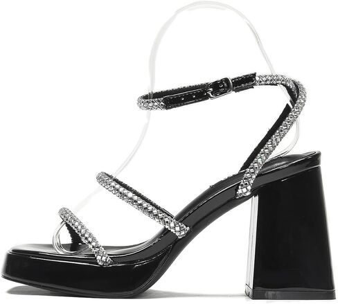 صنادل نسائية بكعب سميك، صنادل بكعب كتلة من حجر الراين، صنادل صيفية بكعب مربع مفتوح من الأمام مع حزام للكاحل لحفلات النادي والحفلات الراقصة in Kuwait