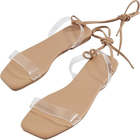 GORGLITTER Women's Lace Up Flat Sandals Criss Cross Tie Up Square Toe Clear Strappy Sandals in Saudi Arabia