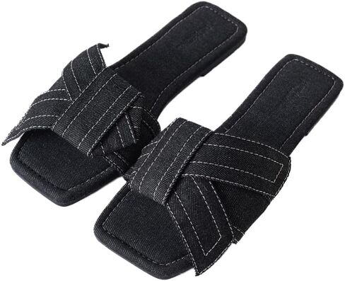 Roxoni Women's Fashion Casual Daily Wear Slide Shoes, Open Toe Slip On Slide Sandals, Denim Flat Slides in Kuwait