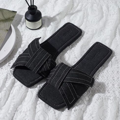 Roxoni Women's Fashion Casual Daily Wear Slide Shoes, Open Toe Slip On Slide Sandals, Denim Flat Slides in Kuwait
