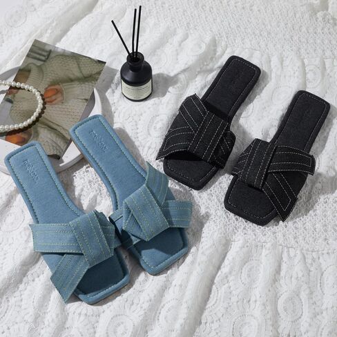 Roxoni Women's Fashion Casual Daily Wear Slide Shoes, Open Toe Slip On Slide Sandals, Denim Flat Slides in Kuwait