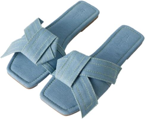 Roxoni Women's Fashion Casual Daily Wear Slide Shoes, Open Toe Slip On Slide Sandals, Denim Flat Slides in Kuwait