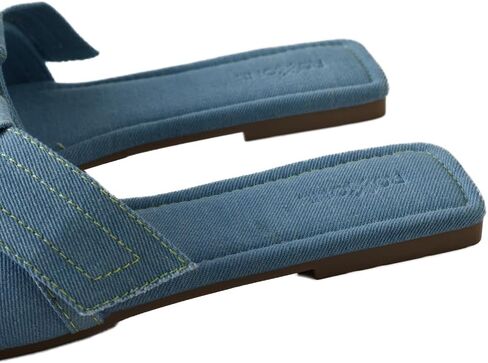Roxoni Women's Fashion Casual Daily Wear Slide Shoes, Open Toe Slip On Slide Sandals, Denim Flat Slides in Kuwait
