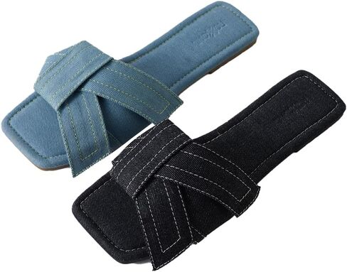 Roxoni Women's Fashion Casual Daily Wear Slide Shoes, Open Toe Slip On Slide Sandals, Denim Flat Slides in Kuwait