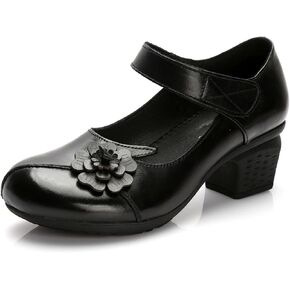 Women's Round Toe Mary Jane Chunky Heels Pumps Comfort Flower Hook and Loop Low Heel Dress Shoes in Saudi Arabia