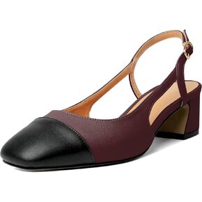 Women Slingback Low Block Chunky Heels Pumps Square Cap Toe 2" Two Toned Heeled Sandals Dress Shoes