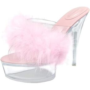 Women's Clear Stiletto Heels Sandals Platform Open Toe Slip On Mules Fluff Sandals