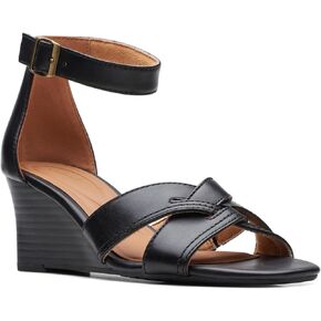 Clarks Women's Fashion Wedge Sandal, Black Leather, 9 Wide