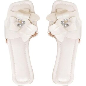 GORGLITTER Women's Sparkly Rhinestone Flower Decor Flats Square Open Single Band Toe Slide Sandals