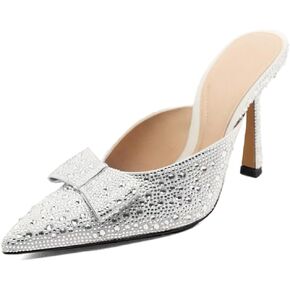 SO SIMPOK إمرأة حجر الراين مضخات أحذية القوس بريق خنجر عالية الكعب الانزلاق على البغال سباركلي مساء أحذية الزفاف الحفلات in Kuwait