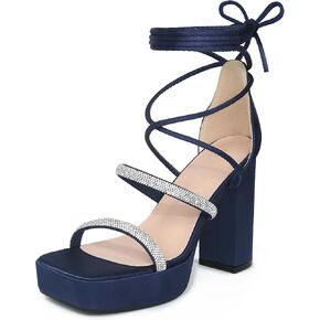 Perphy Rhinestone Platform Lace Up Chunky Heels Sandals for Women
