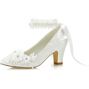 JIAJIA 62311B Women's Bridal Shoes Closed Toe 2.7" Chunky Heel Lace Satin Pumps Satin Flower Ribbon Tie Wedding Shoes