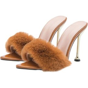 Holibanna 1 pair Pointed Womens Mules Summer High-heeled Slippers Heel Open Fur Girl Stylish Sandals Lady Fuzzy Shoes Decor Mule Women