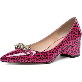 WAYDERNS Women's Pointed Toe Metal Chain Decoration Slip On Patent Chunky Low Heel Pumps Shoes 2 Inch