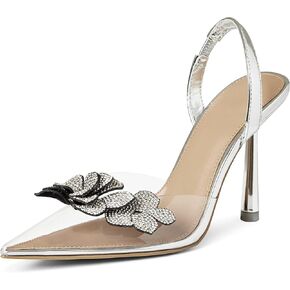 AMINUGAL Clear Heels for Women Pointed Closed Toe High Stiletto Heels Wedding Sandals for Bride Flower Rhinestone Heels for Women Dressy Summer Party Pumps Shoe Silver Heels for Women