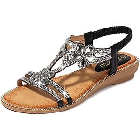 Women's Flat Sandals Summer Beach Sandal T-Strap Rhinestone Beaded Bohemia Shoes