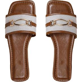OYOANGLE Women's Pu Leather Metal Decor Open Toe Slide Sandal Summer Beach Flat Sandals