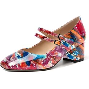 Women's Dating Buckle Cute Square Toe Solid Patent Block Low Heel Pumps Shoes 2 Inch