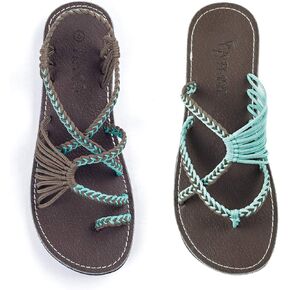 Plaka Palm Leaf & Ocean Side Bundle of Flat Summer Sandals for Women | Perfect for The Beach Walking & Dressy Occasions | Turquoise Gray | Size 7