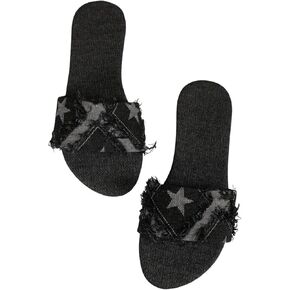 GORGLITTER Women's Denim sandals Star Jean Flat Sandals Y2k Round Toe Slip On Slide Sandals