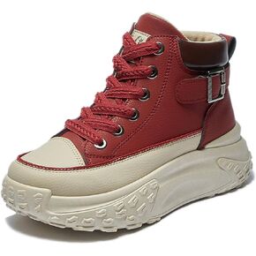 Women's Genuine Leather Lace-Up Platform Sneakers,Outdoor Non-Slip Comfortable High-Top Walking Casual Sneakers