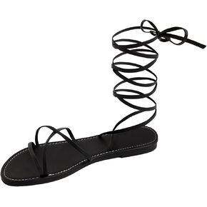 GORGLITTER Women's Lace Up Flat Sandals Strappy Tie Up Open Toe Dressy Slide Sandals