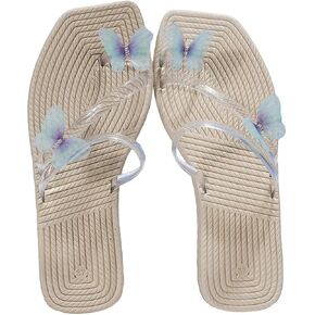 OYOANGLE Women's Butterfly Decor Clear Straps Square Open Toe Flat Sandals Toe Ring Strappy Thong Sandals